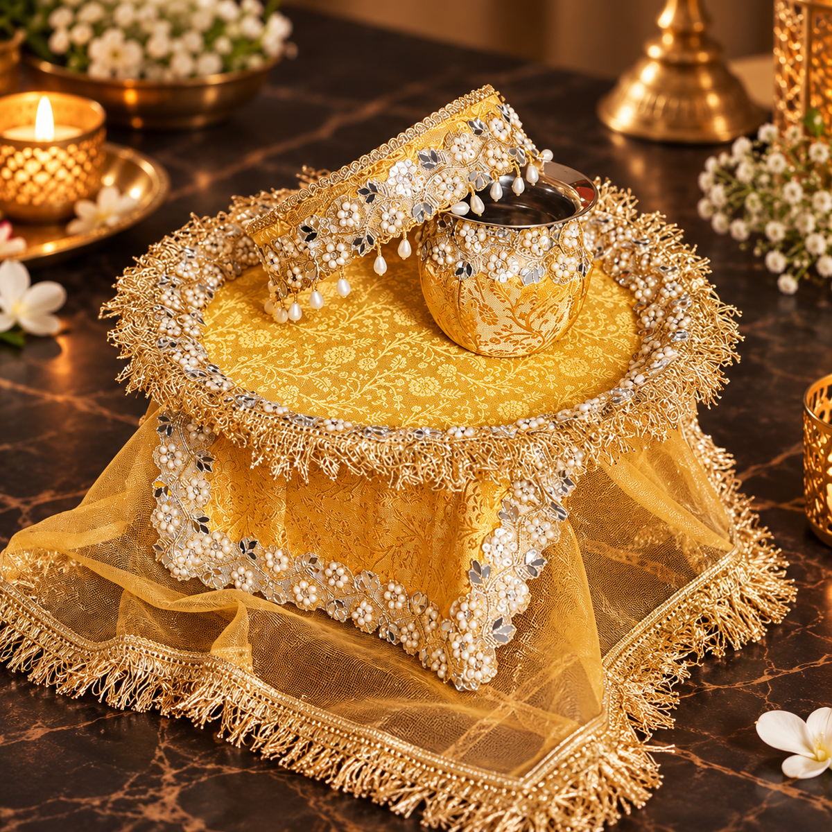 Golden Embroidered Karwa Chauth Thali Set