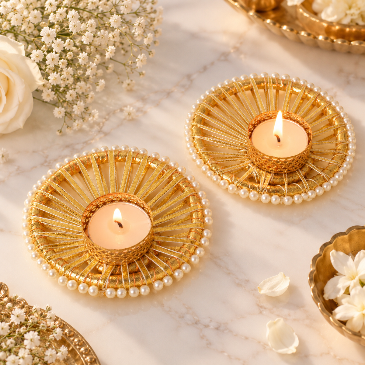 Golden decorative T-light candle holder with pearl border and intricate detailing, styled for Diwali and pooja decor. Copy alt text