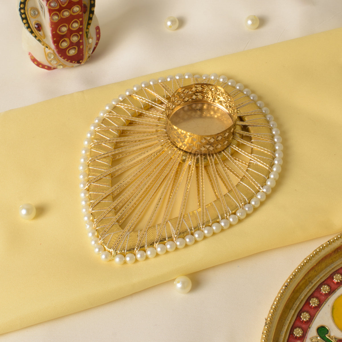 Golden Decorative T-Light Candle Holders with Pearl Border – Set of 2