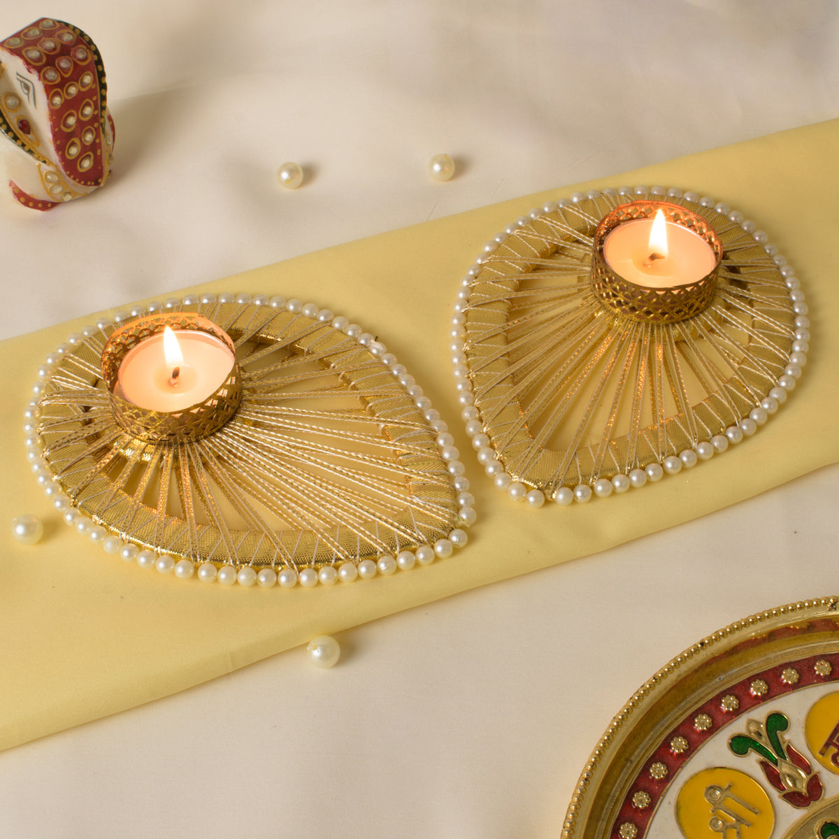 Golden Decorative T-Light Candle Holders with Pearl Border – Set of 2