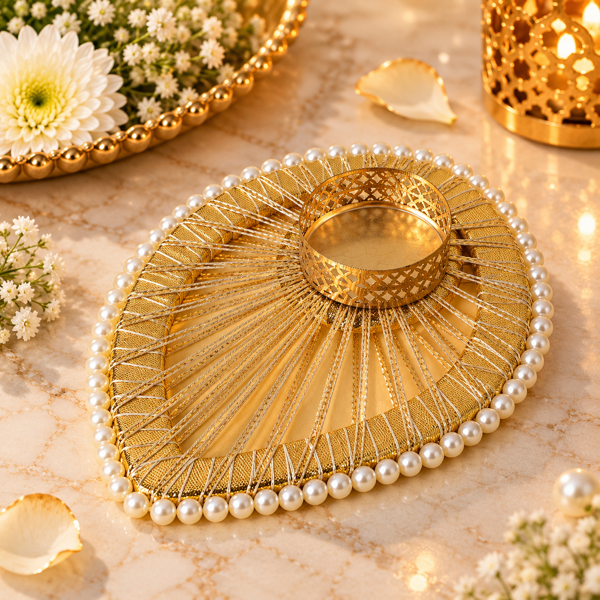 Golden Decorative T-Light Candle Holders with Pearl Border – Set of 2