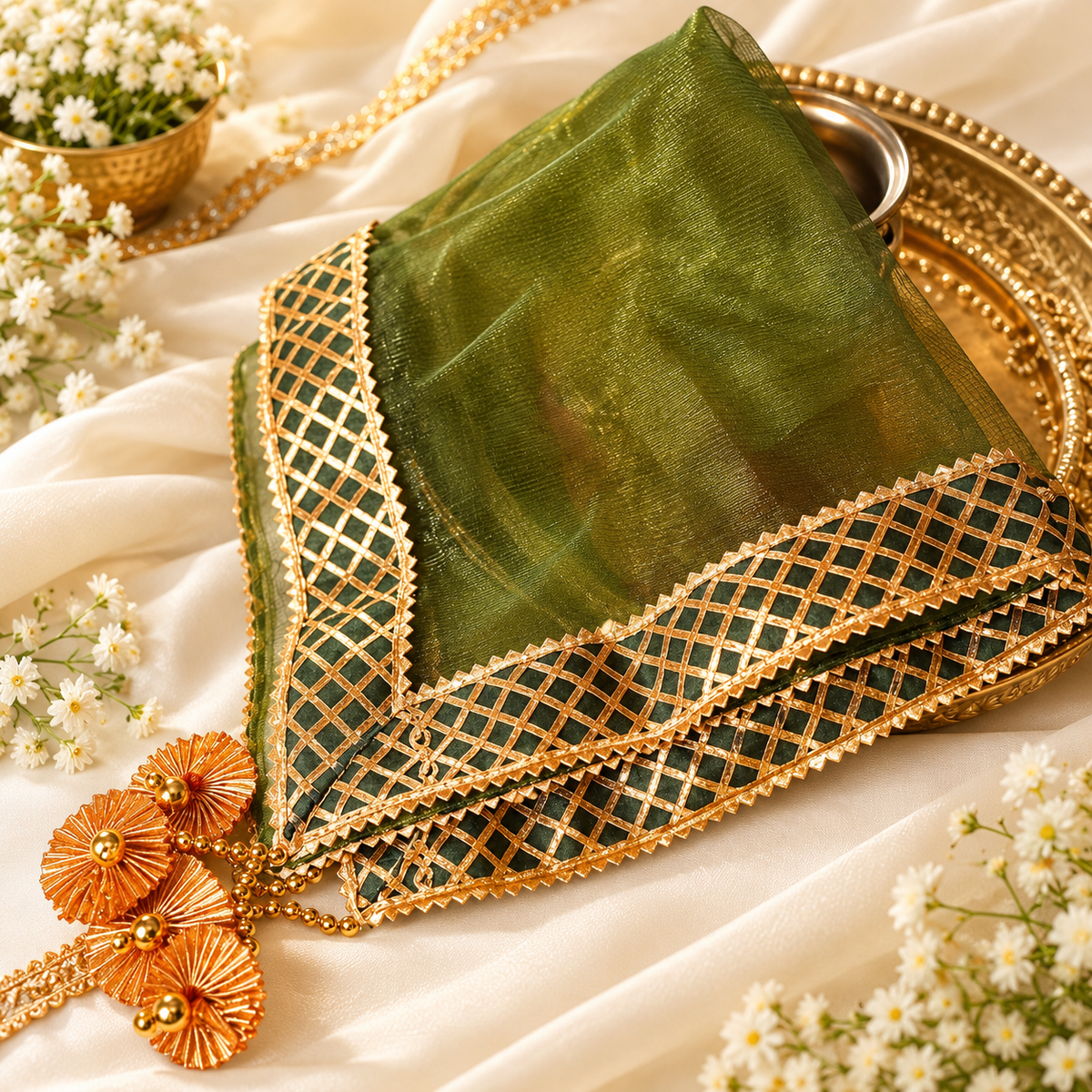 Green Sqaure Gota Patti Thali Cover