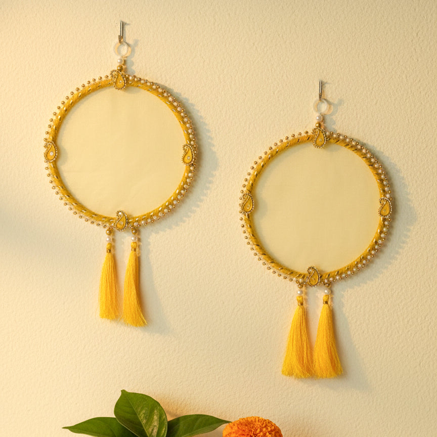 Farmaishy Yellow Pearl Round Wall Hanging with Tassels (Set of 2)