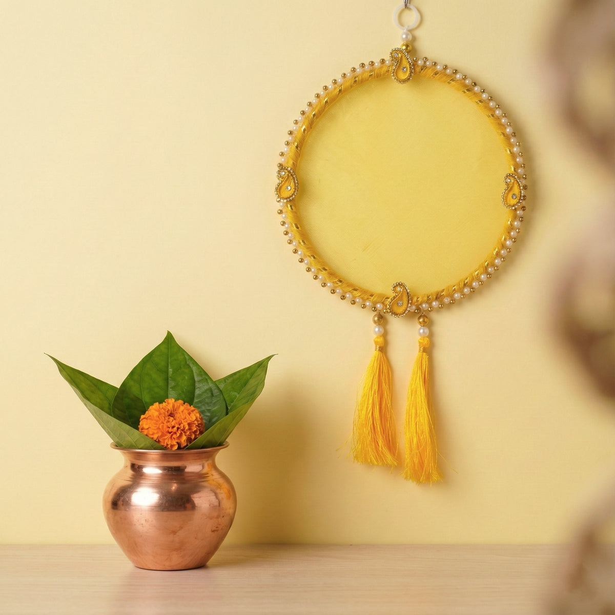 Farmaishy Yellow Pearl Round Wall Hanging with Tassels (Set of 2)