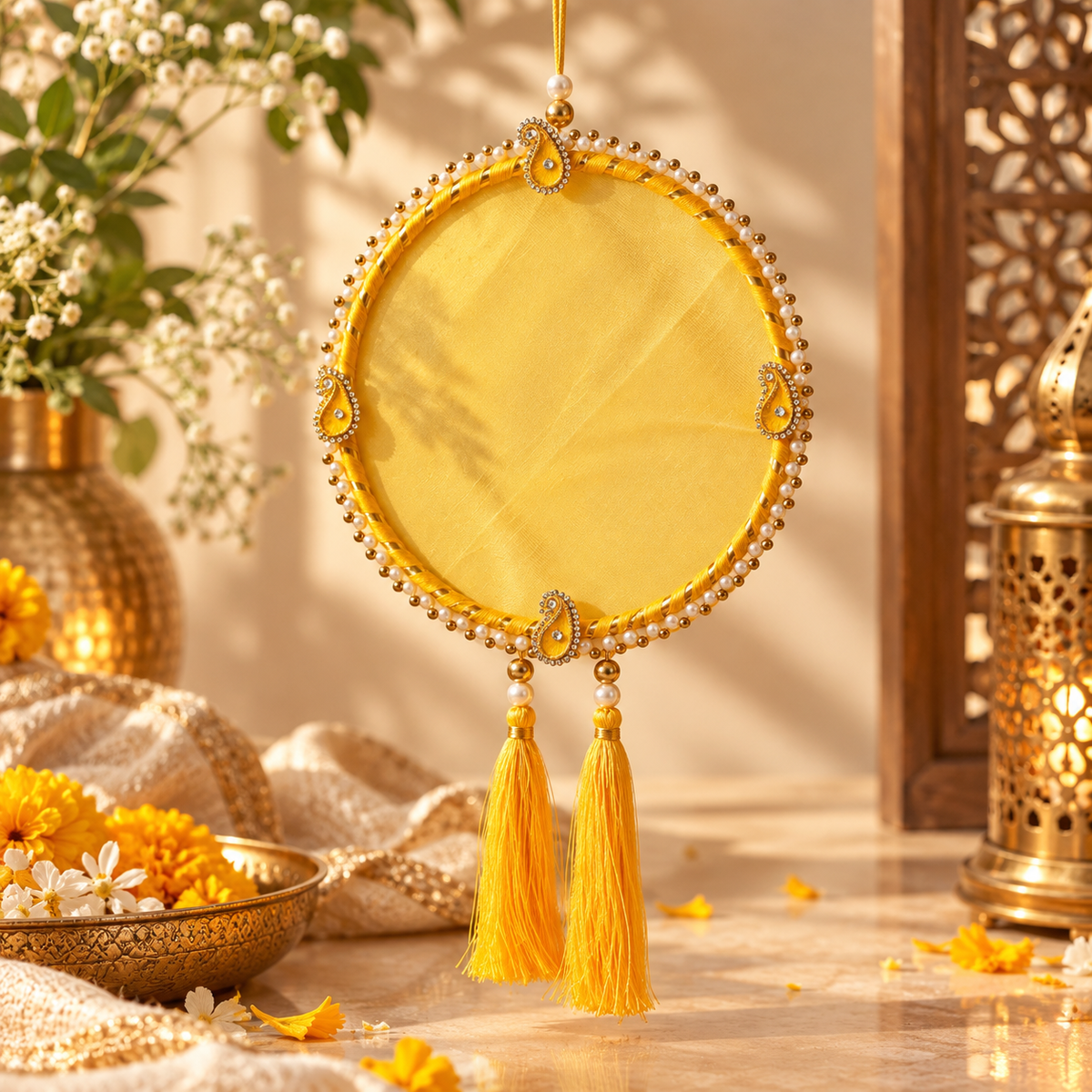 Farmaishy Yellow Pearl Round Wall Hanging with Tassels (Set of 2)