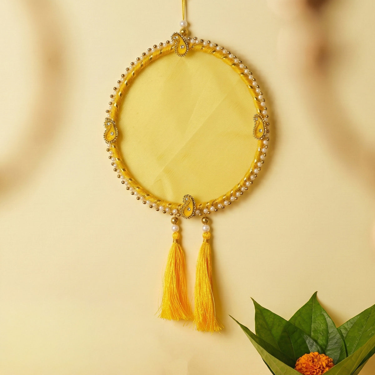 Farmaishy Yellow Pearl Round Wall Hanging with Tassels (Set of 2)