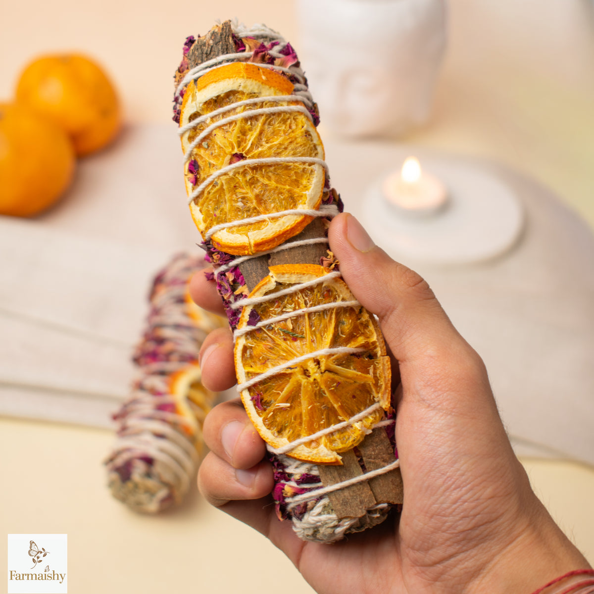 Farmaishy Rose, Orange & Cinnamon Botanical Smudge sage Stick for Home Cleansing