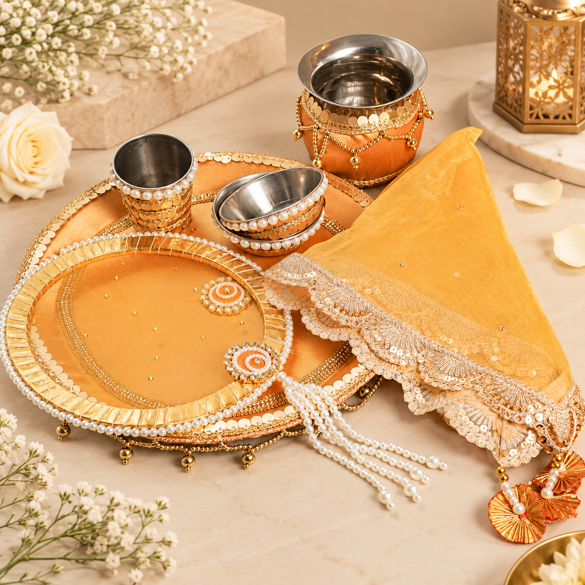 Golden Designer Karwa Chauth Thali Set