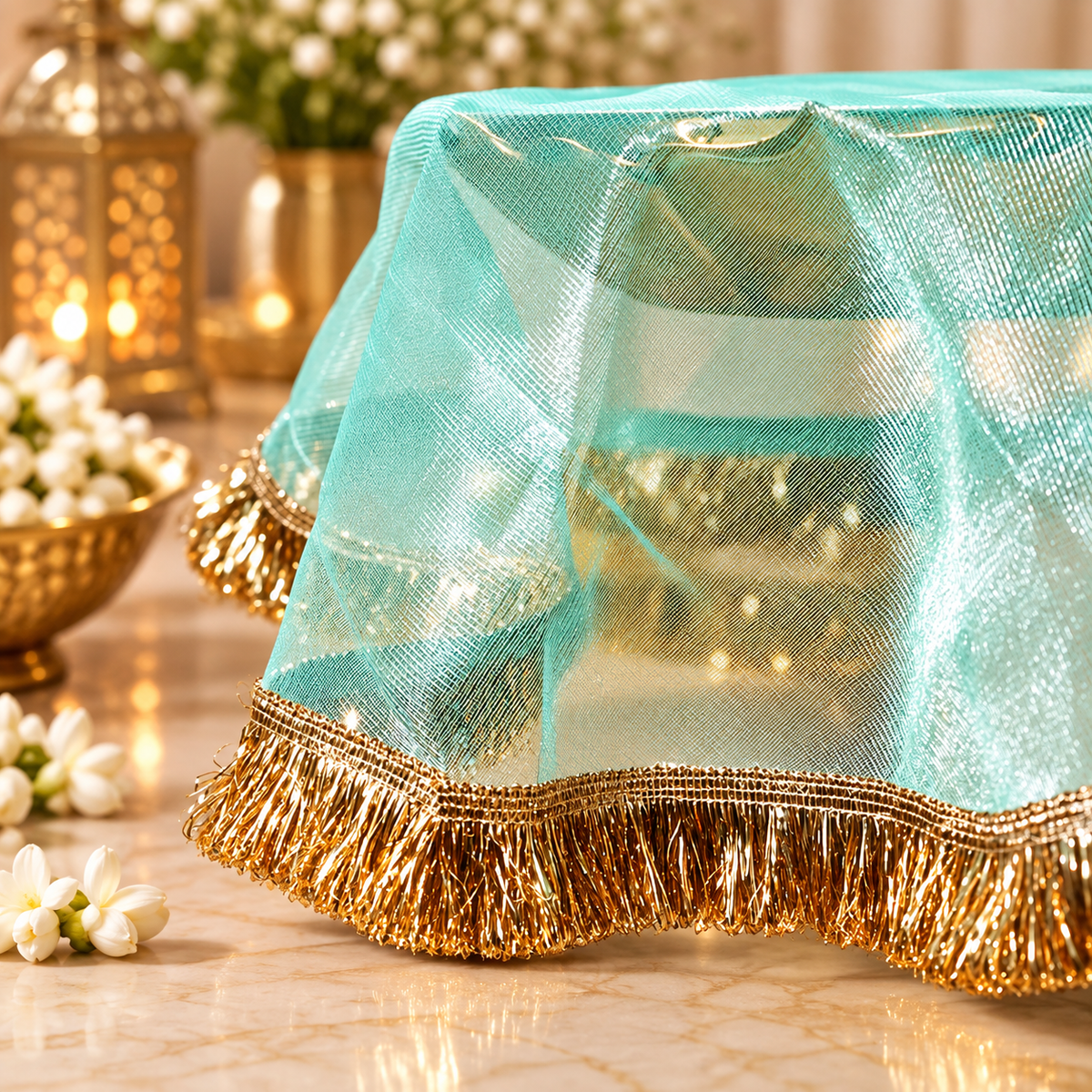 Mint and Golden Frill Round Thali Cover