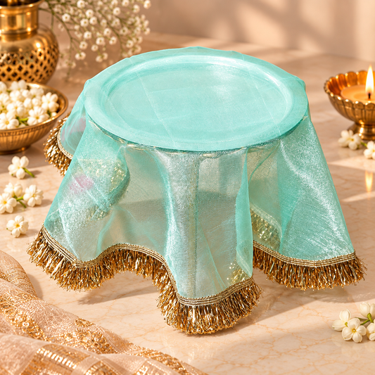 Mint and Golden Frill Round Thali Cover