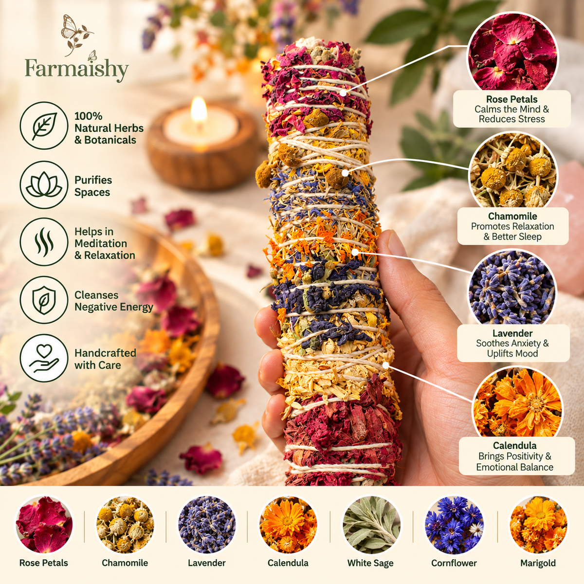 Farmaishy Natural Mix Flower Cleansing & Chakra Healing Sage Smudge Sticks