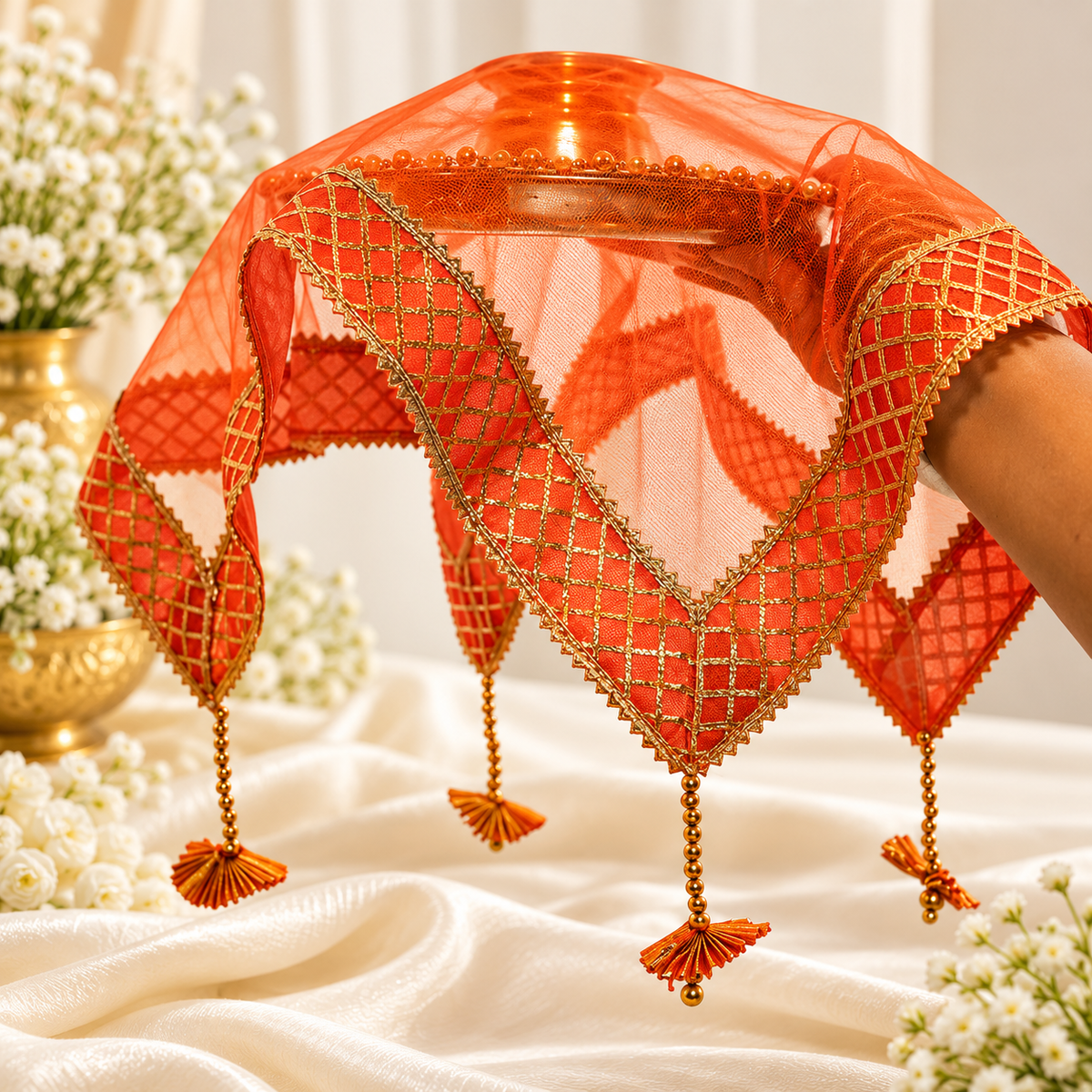Orange Sqaure Gota Patti Thali Cover