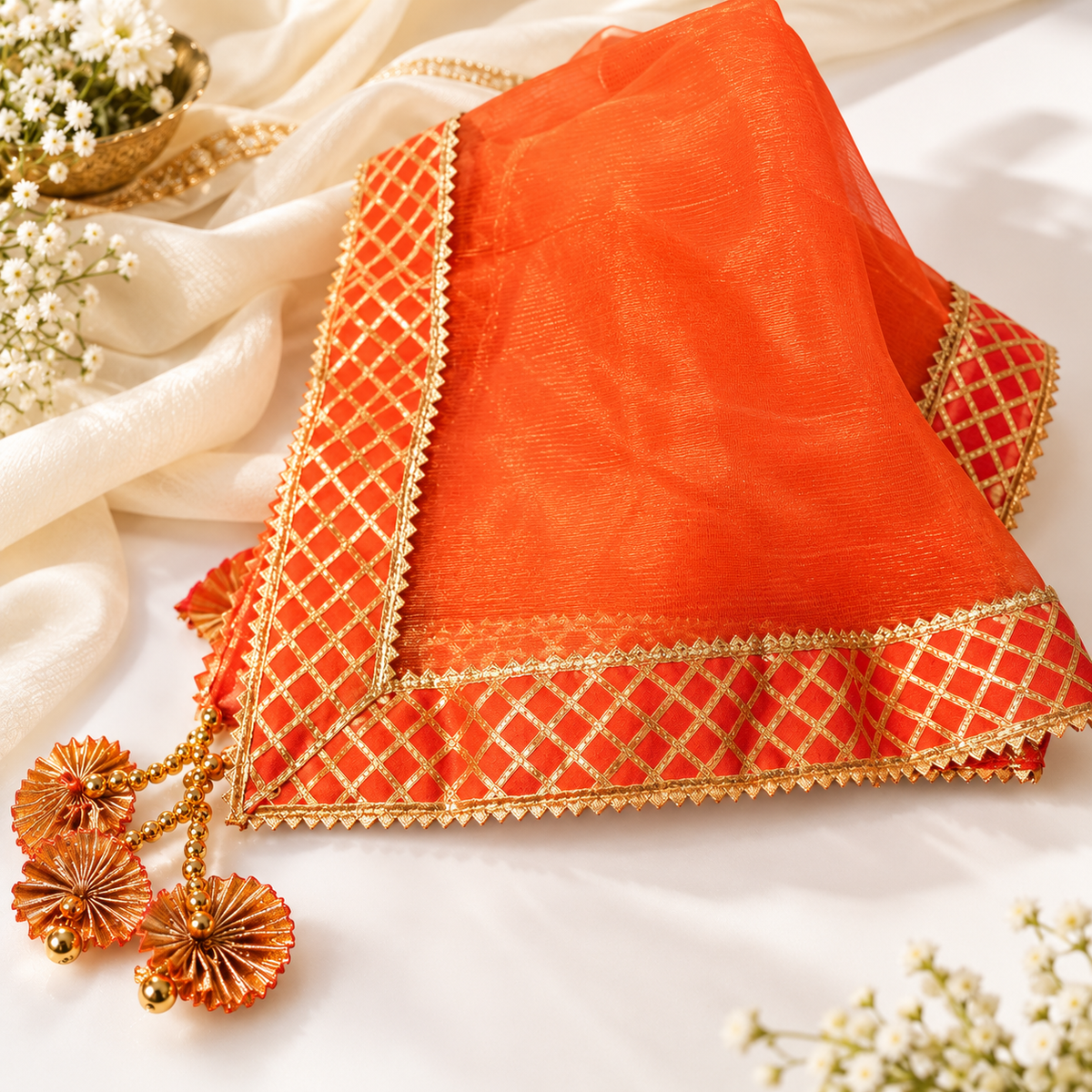 Orange Sqaure Gota Patti Thali Cover