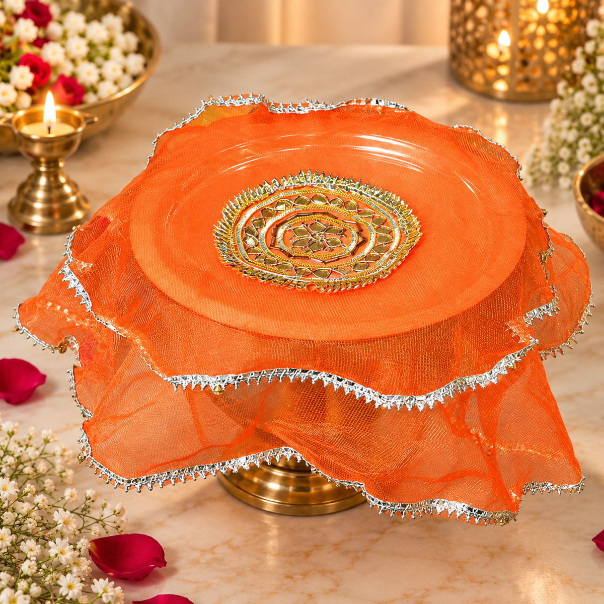 Orange Gota Patti Round Frill Thali Cover
