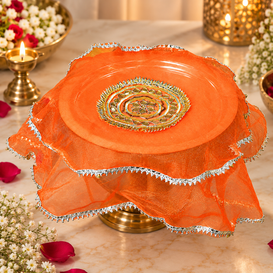 Orange Gota Patti Round Frill Thali Cover