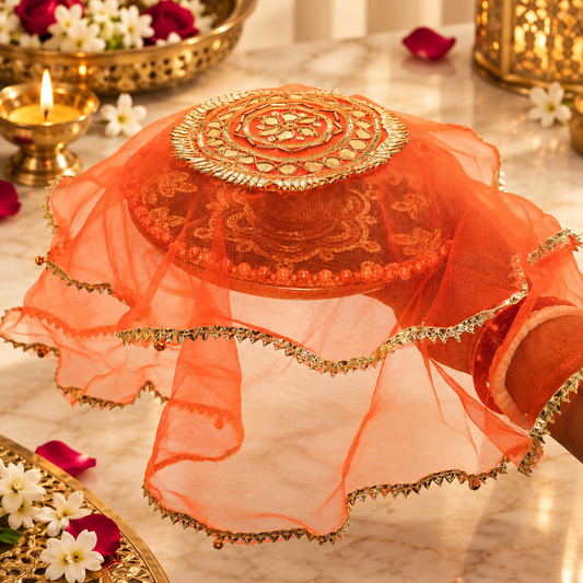 Orange Gota Patti Round Frill Thali Cover