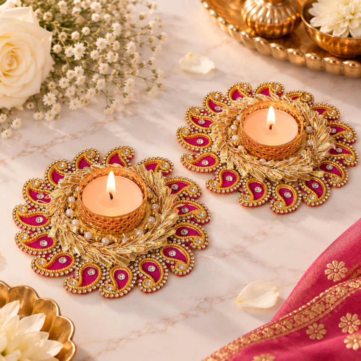 Decorative paisley T-light candle holder with pink and gold embellishments and a central lit candle for Diwali pooja decor.