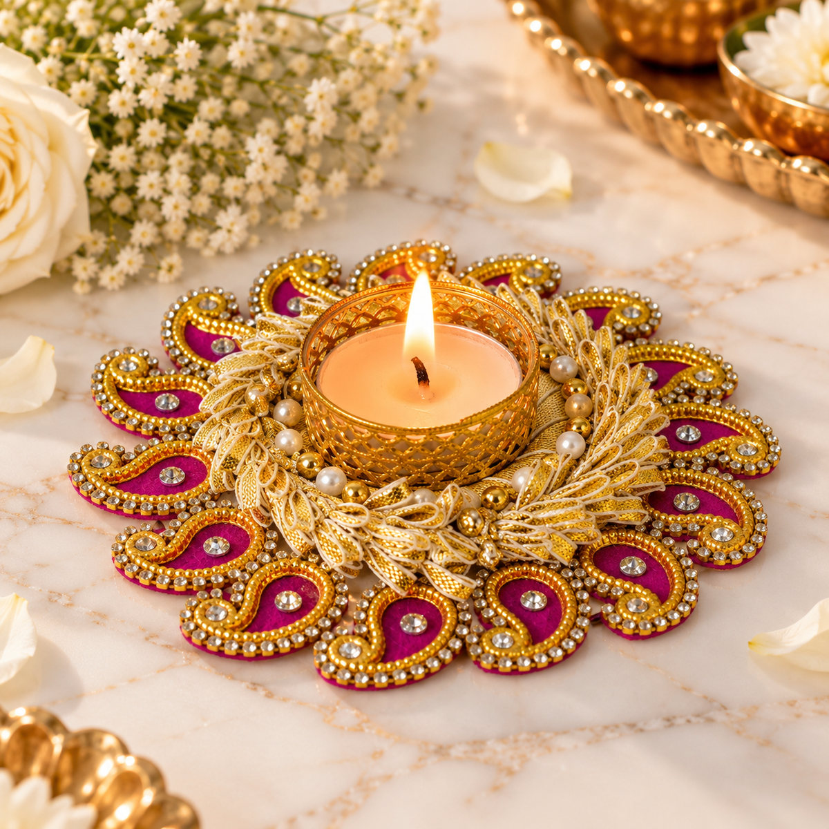 Decorative Paisley T-Light Candle Holder with Golden Embellishments (Set of 2)