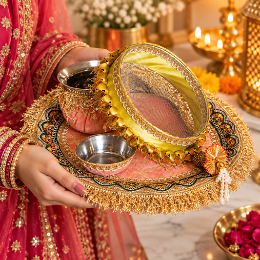 Peach Contrast Karwa Chauth Thali Set