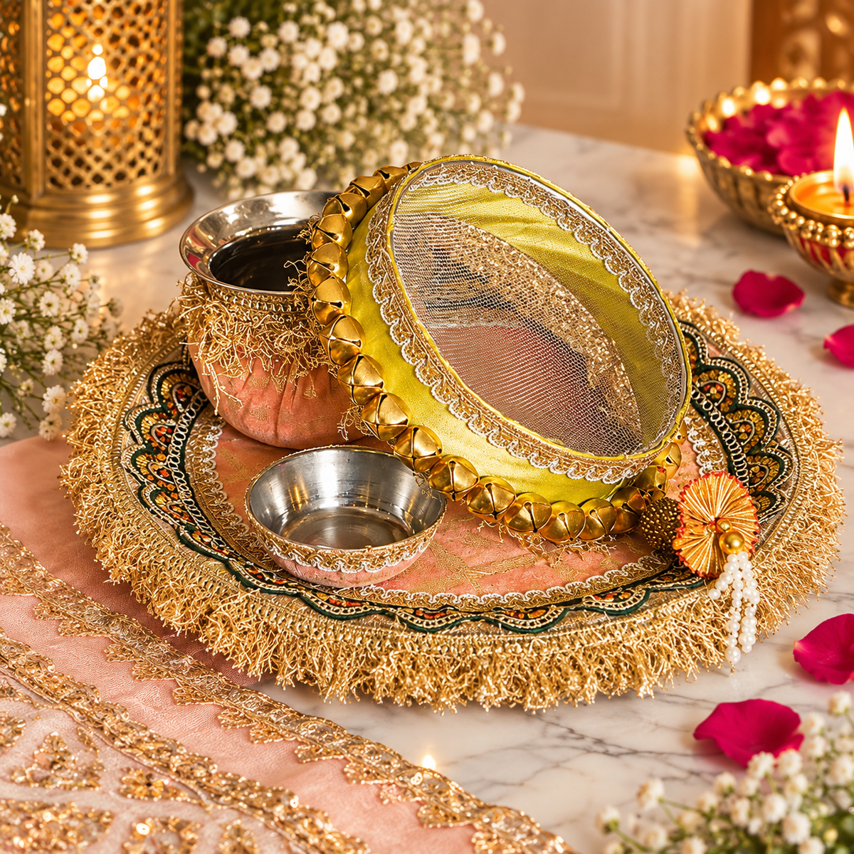 Peach Contrast Karwa Chauth Thali Set