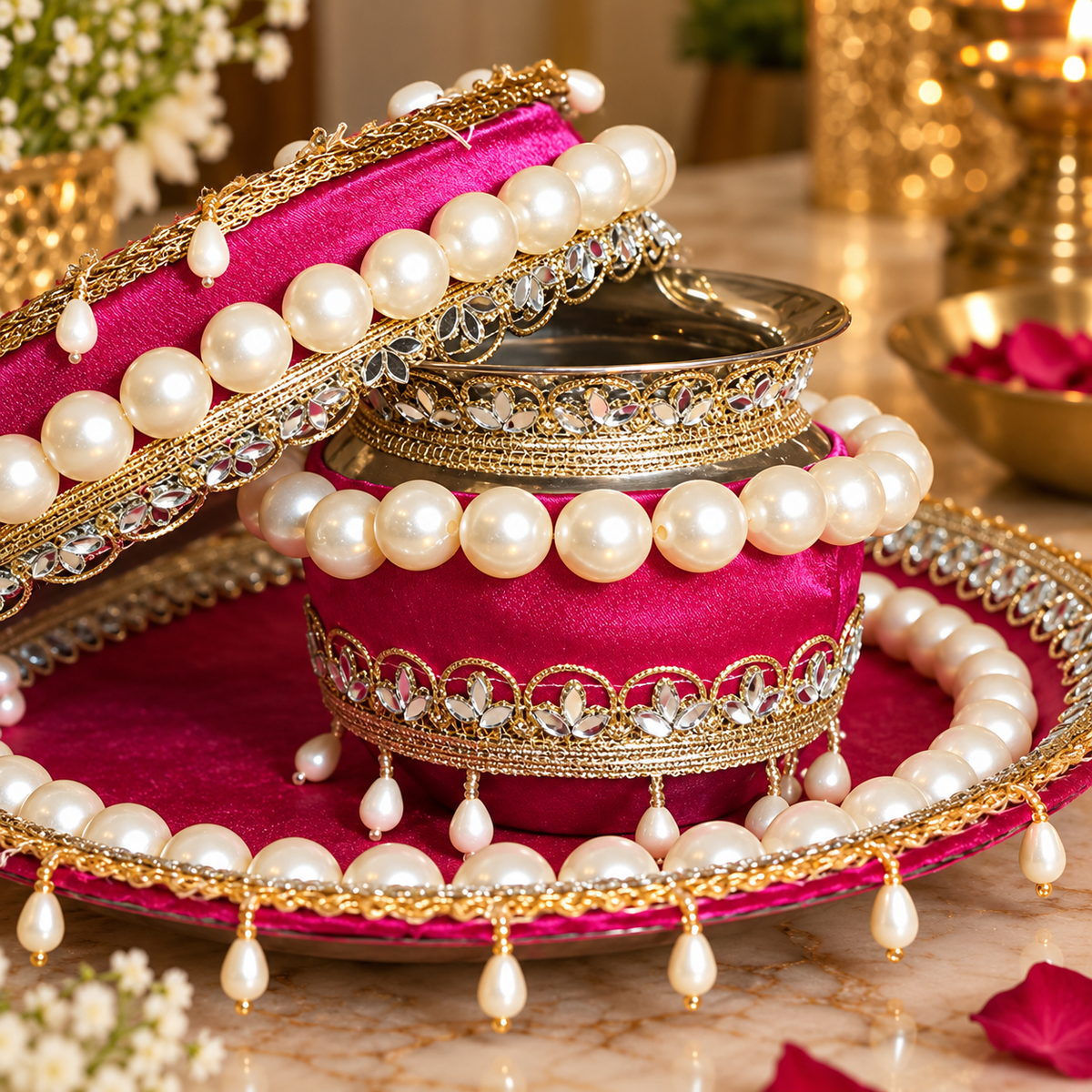 Pink Beaded Karwa Chauth Thali Set