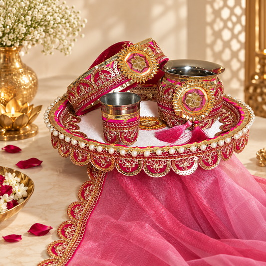 Pink Karwa Chauth Thali Set With Thali Cover