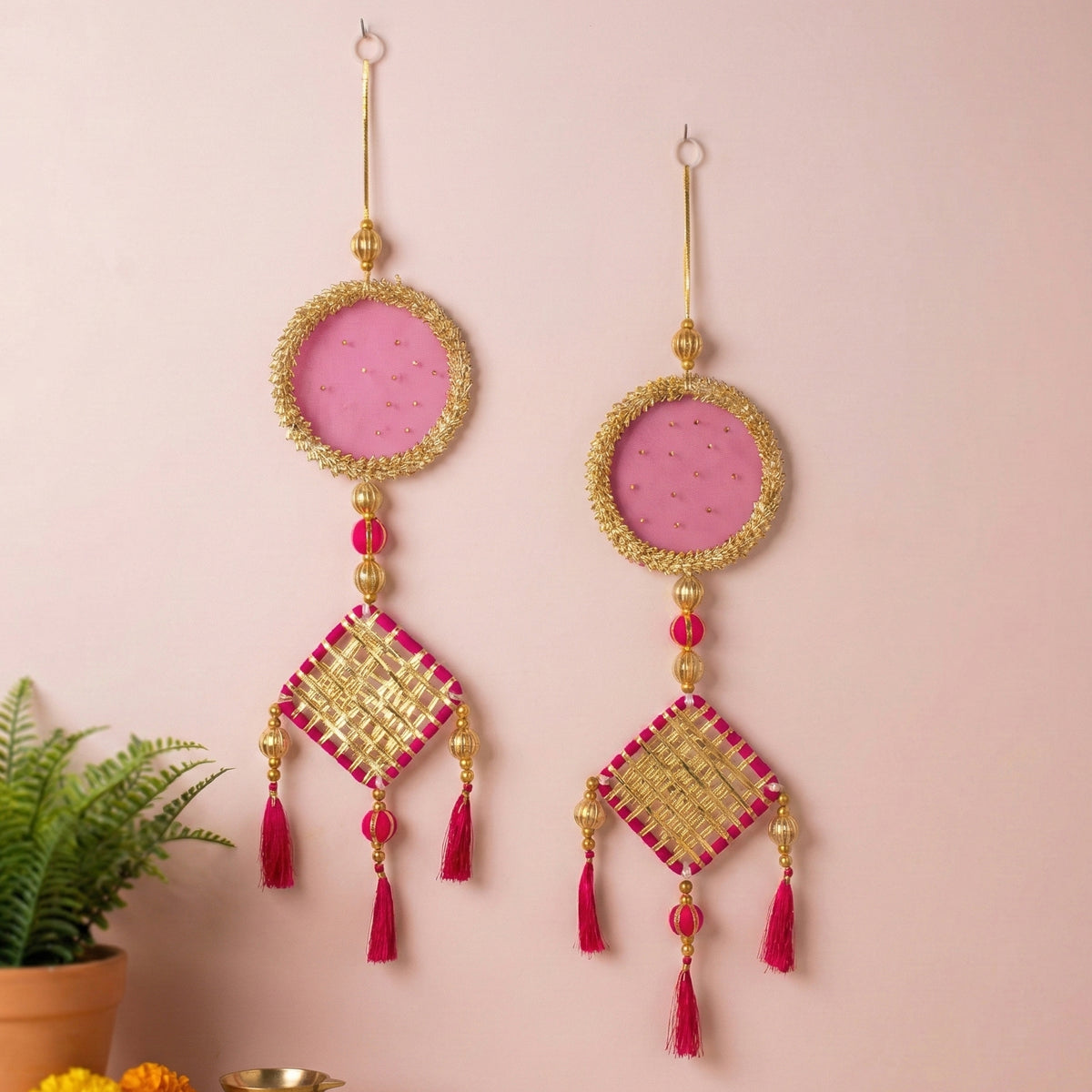 Farmaishy Pink and Gold Decorative Wall Hanging Set with Tassels (Set of 2)