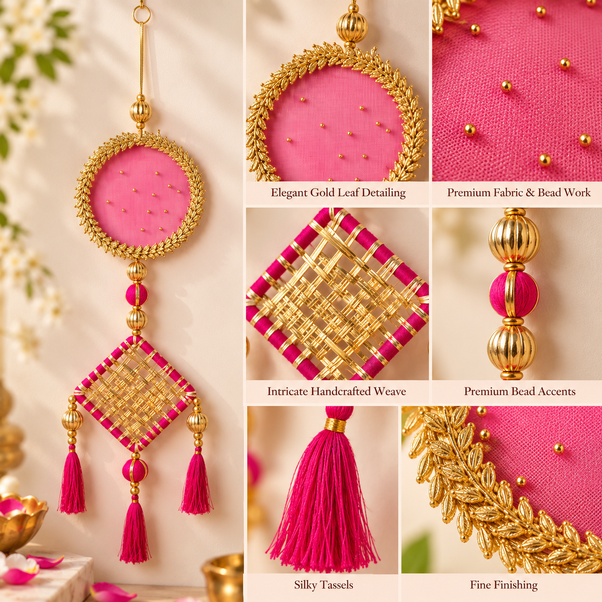Farmaishy Pink and Gold Decorative Wall Hanging Set with Tassels (Set of 2)