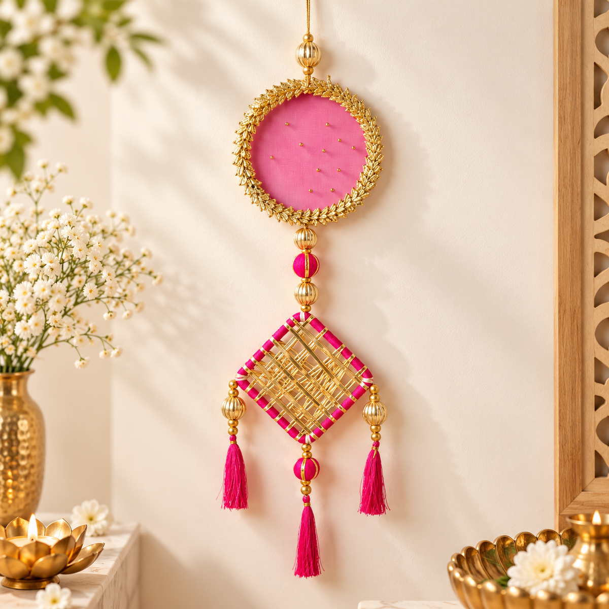 Farmaishy Pink and Gold Decorative Wall Hanging Set with Tassels (Set of 2)