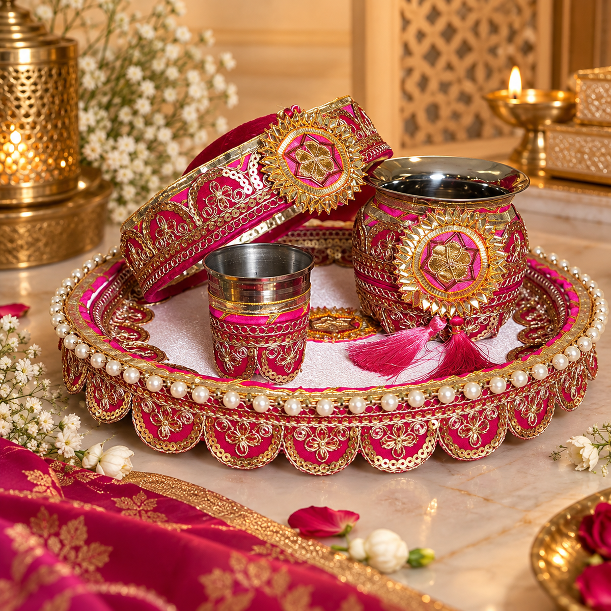 Maharini Pink Karwa Chauth Thali Set With Thali Cover