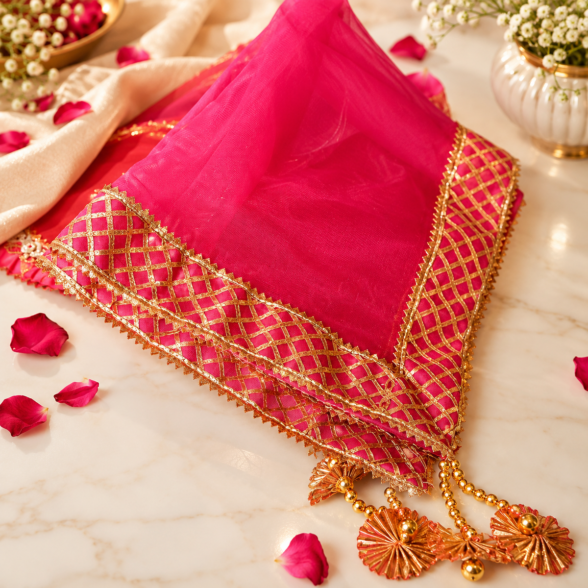 Pink Sqaure Gota Patti Thali Cover