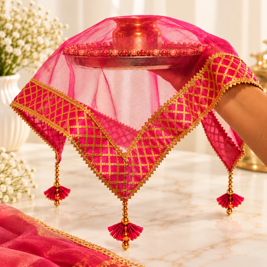 Pink Sqaure Gota Patti Thali Cover