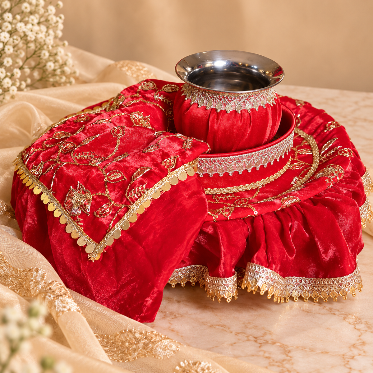 Red flare Karwa Chauth Thali Set