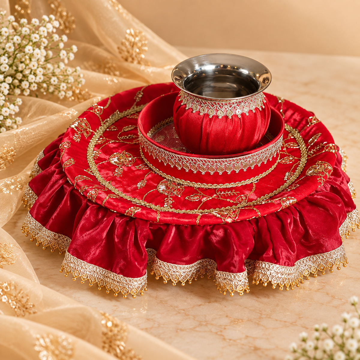Red flare Karwa Chauth Thali Set