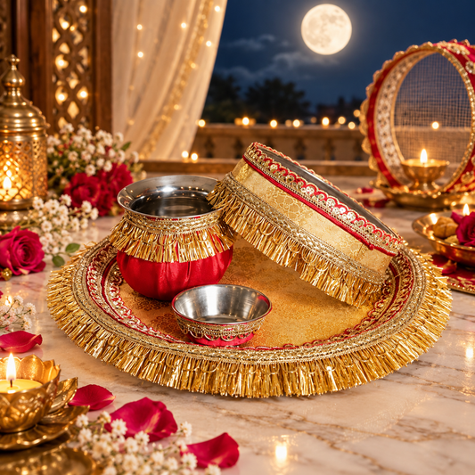 Red and Golden Karwa Chauth Thali Set