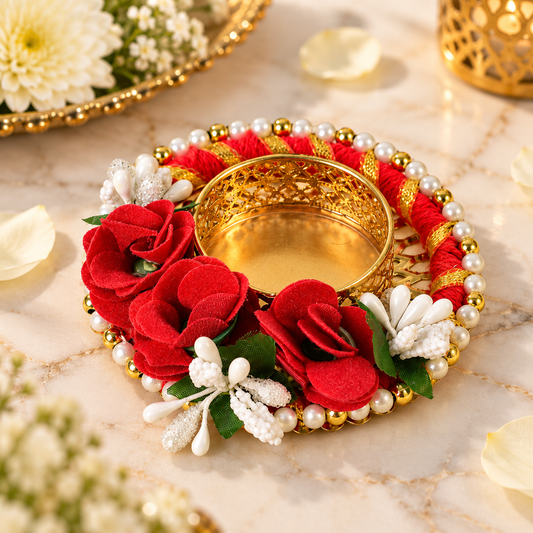 Red Rose Decorative T-Light Candle Holders with Pearl Border – Set of 2