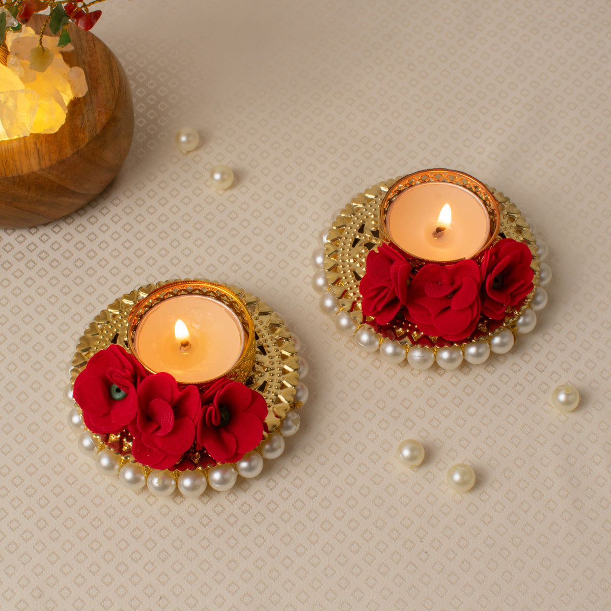 Red Rose Decorative T-Light Candle Holders with Golden Finish and Pearl Border – Set of 2
