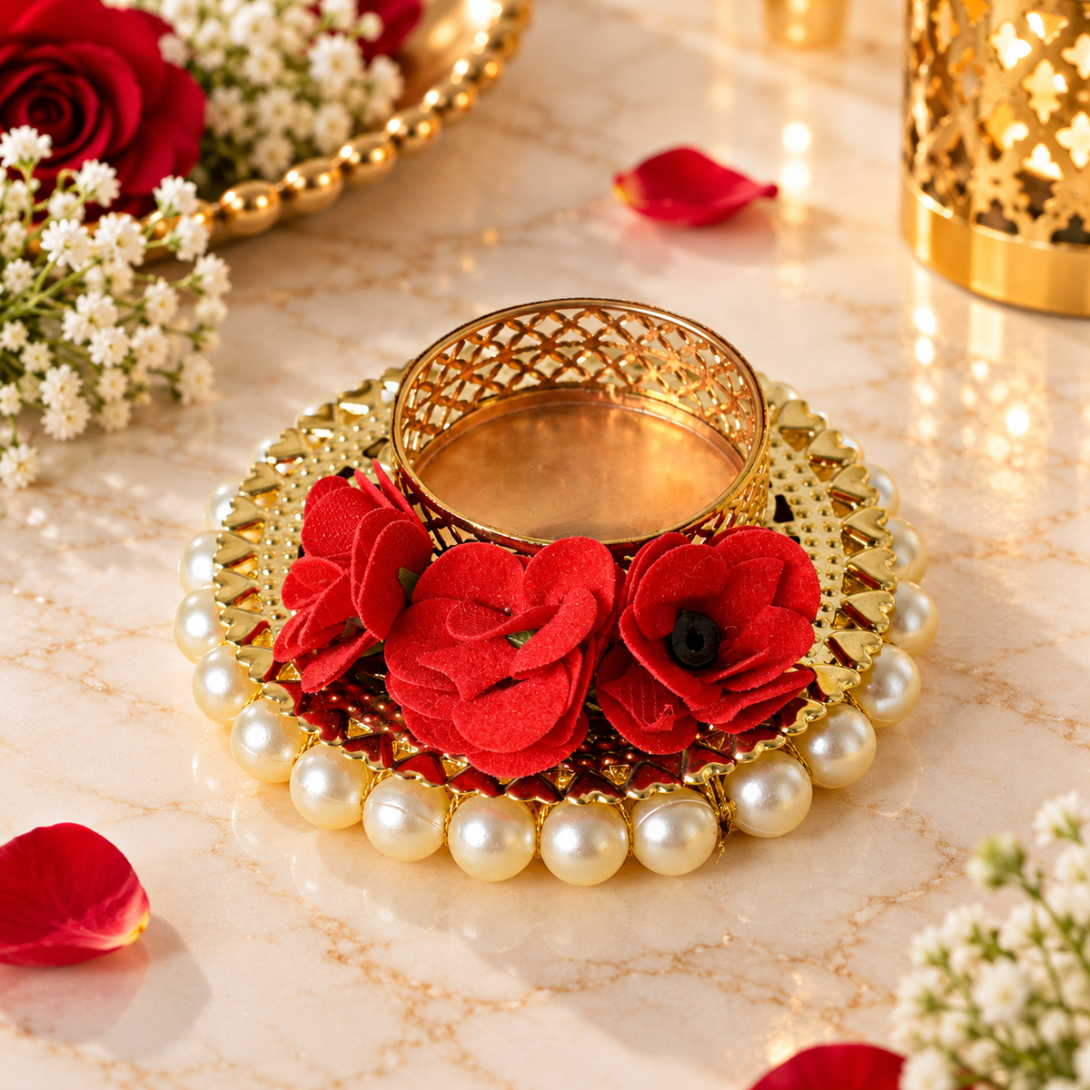 Red Rose Decorative T-Light Candle Holders with Golden Finish and Pearl Border – Set of 2