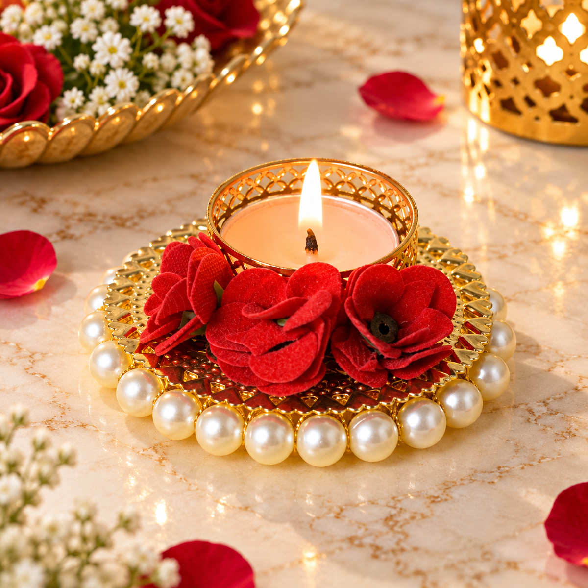 Red Rose Decorative T-Light Candle Holders with Golden Finish and Pearl Border – Set of 2