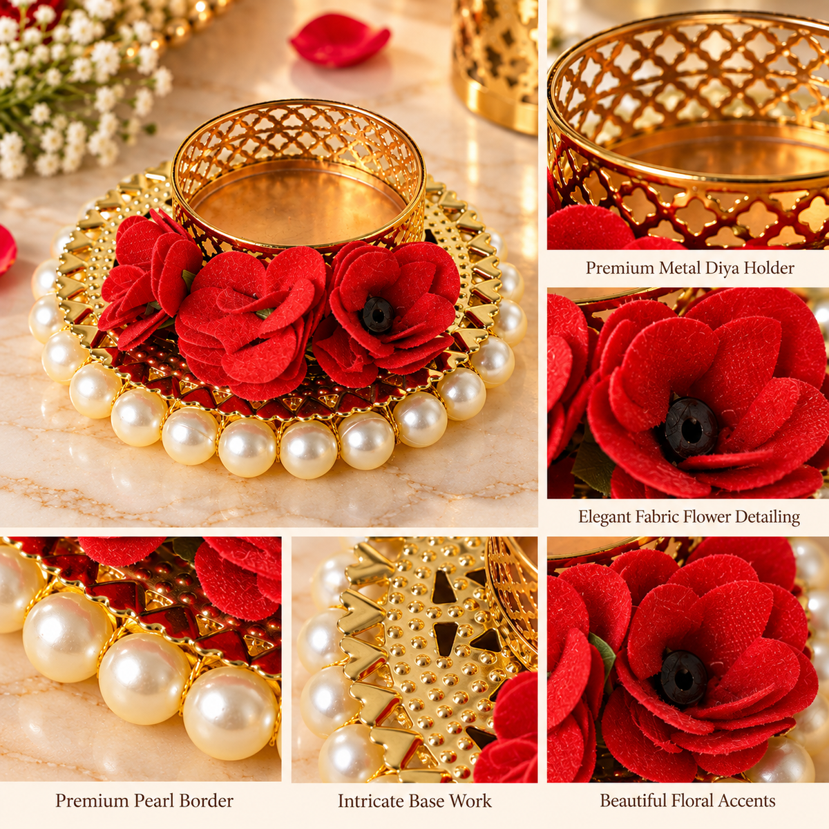 Red Rose Decorative T-Light Candle Holders with Golden Finish and Pearl Border – Set of 2