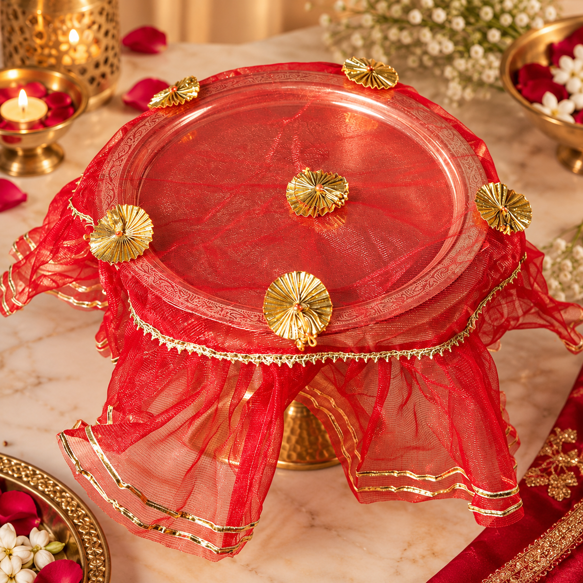 Red Floral Round Frill Thali Cover