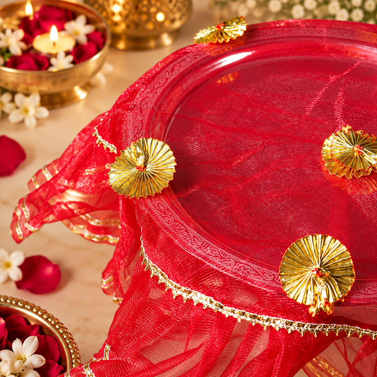Red Floral Round Frill Thali Cover