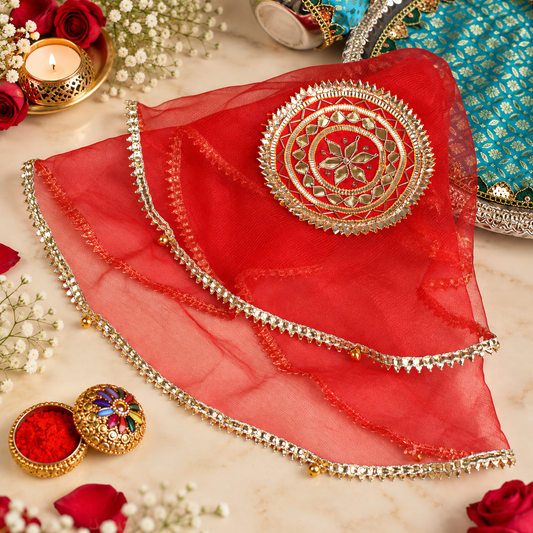 Red Gota Patti Round Thali Cover