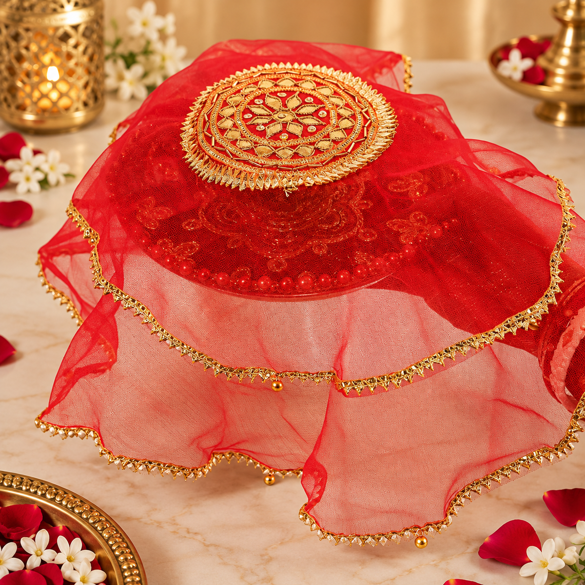 Red Gota Patti Round Thali Cover