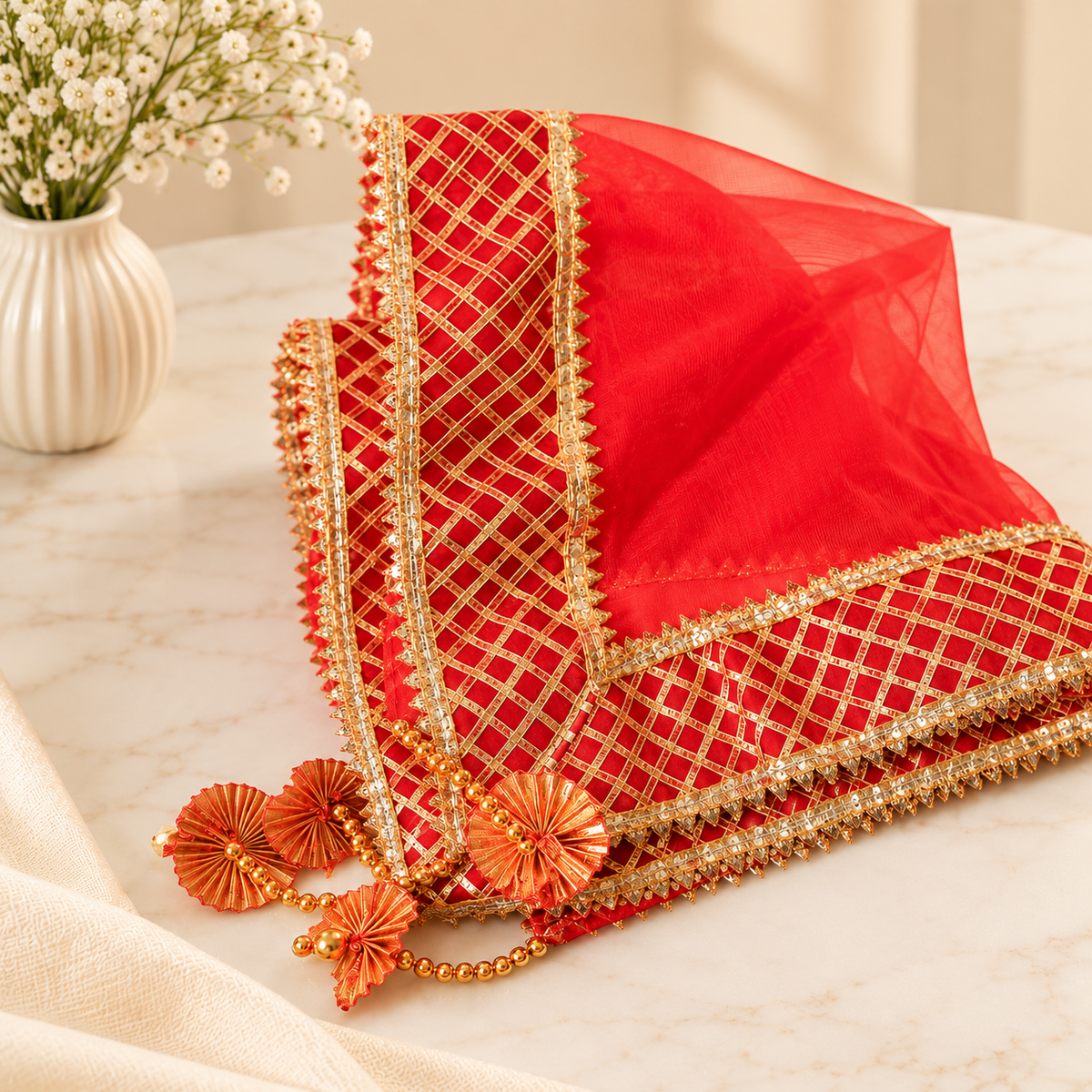 Red Sqaure Gota Patti Thali Cover