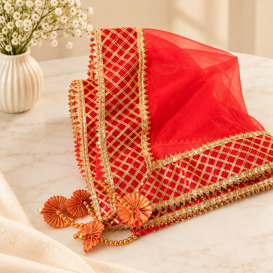 Red Sqaure Gota Patti Thali Cover
