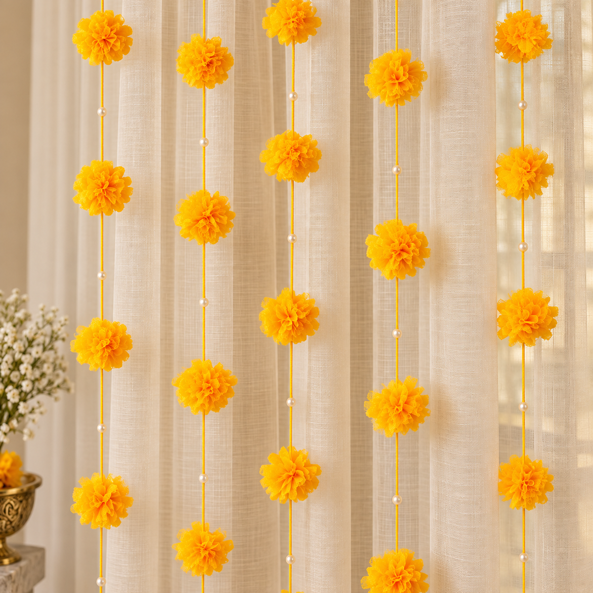 Decorative Yellow Pom Pom Hanging Set Of 5