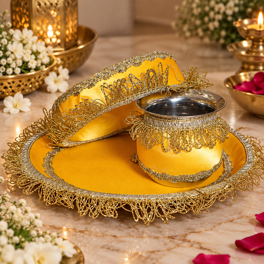 Yellow And Golden Karwa Chauth Thali Set