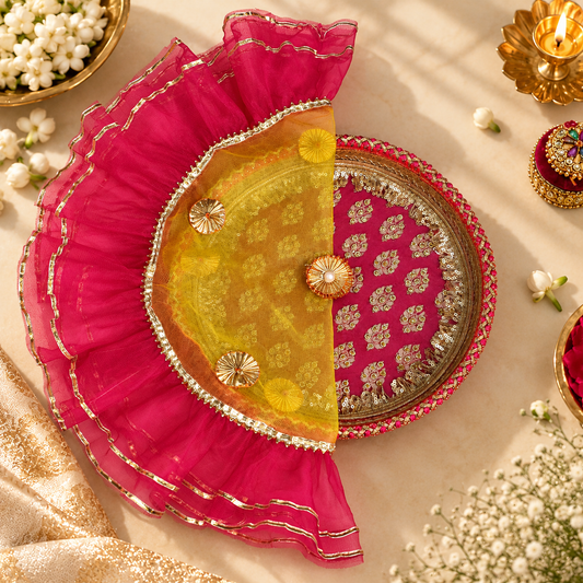 Yellow And Pink Round Thali Cover