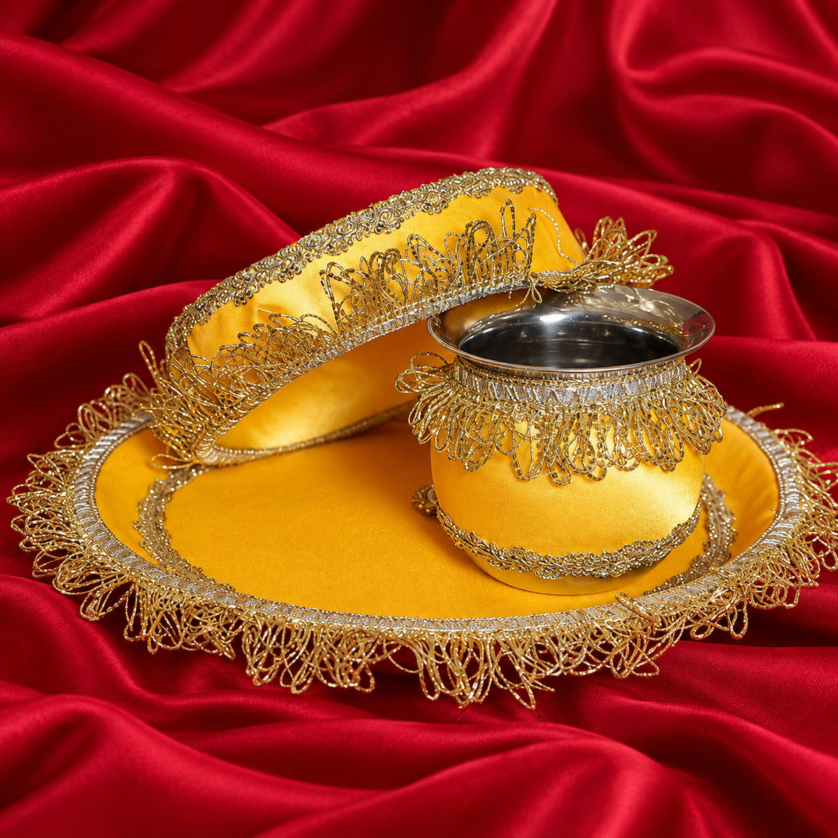 Yellow And Golden Karwa Chauth Thali Set
